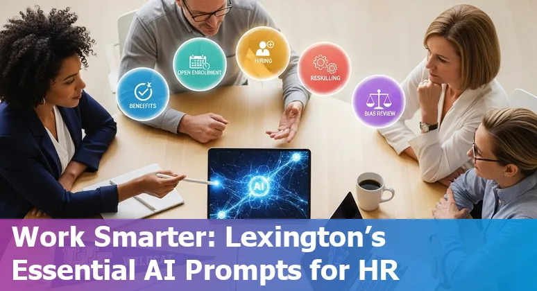 HR professional using AI prompts on a laptop with Lexington Fayette map and benefits icons in background