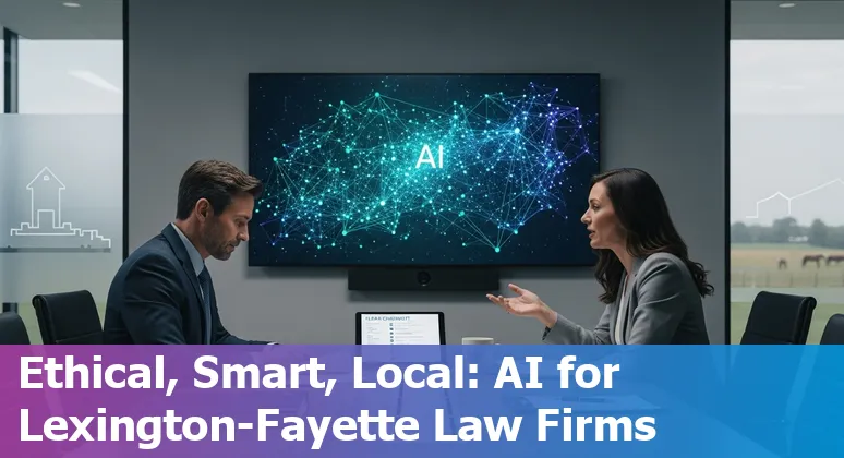 Lexington courthouse with icons representing AI tools for legal research, contracts, eDiscovery, and client intake.