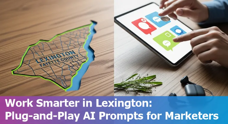Marketing professional using AI prompts on laptop with Lexington Fayette skyline in background