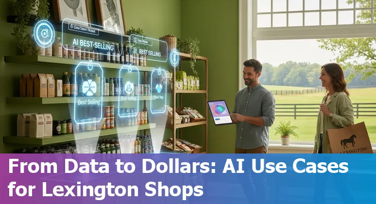 Shopper using a mobile phone in a Lexington–Fayette store with AI icons illustrating recommendations, pricing, and delivery.