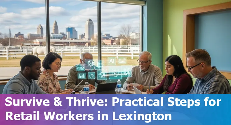 Lexington–Fayette retail worker at a storefront with AI-powered self-checkout and training materials nearby