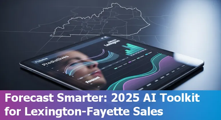 Sales professional using AI tools on laptop with Lexington-Fayette skyline in background