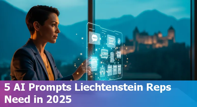 Customer service agent using AI prompts on a laptop with Liechtenstein flag and German text example