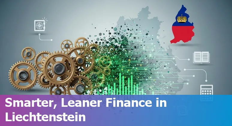 Concept image: AI and finance icons over a Liechtenstein bank skyline showing cost savings and efficiency in Liechtenstein.