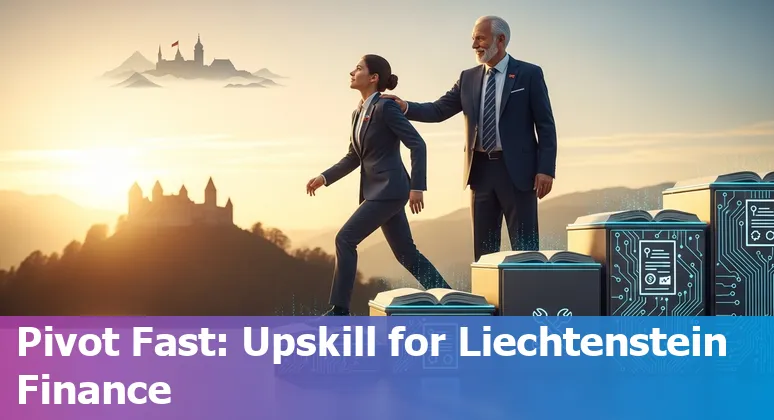 Liechtenstein banker at a desk with an AI robot assistant, symbolising upskilling and adaptation in financial services.