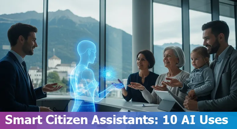 Illustration of government AI use cases in Liechtenstein: citizen chatbot, data extraction, policy charts, and compliance shield