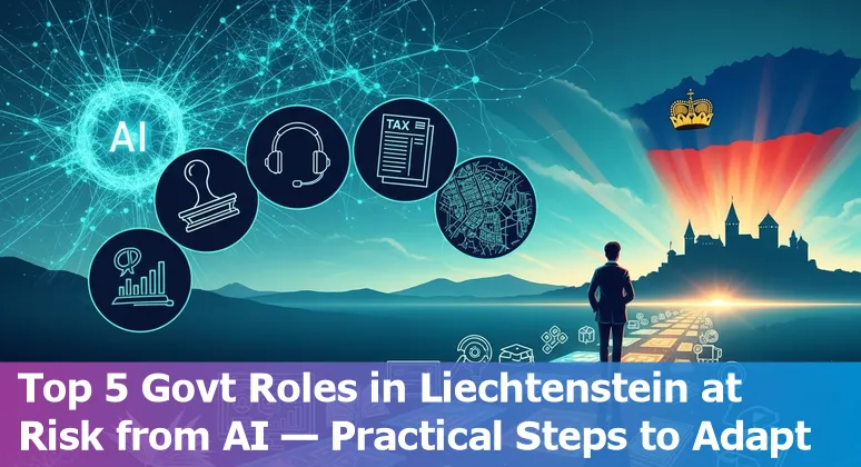Illustration of Liechtenstein government roles adapting to AI tools with shields and laptops