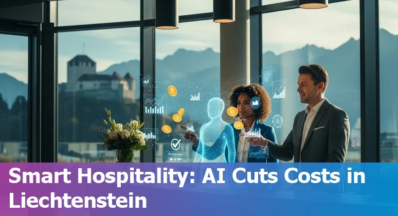 Hotel front desk with AI chatbot kiosk and staff working in a Liechtenstein hotel