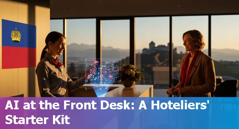 Hotel staff using AI tools with Vaduz Castle and Malbun in the background — hospitality AI in Liechtenstein 2025