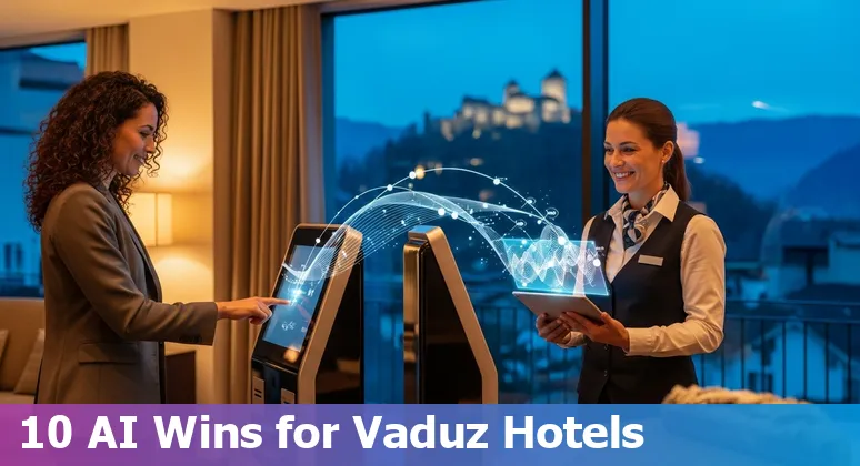 Hotel concierge chatbot on phone, alpine hotel in Vaduz and infographic showing AI hospitality use cases in Liechtenstein