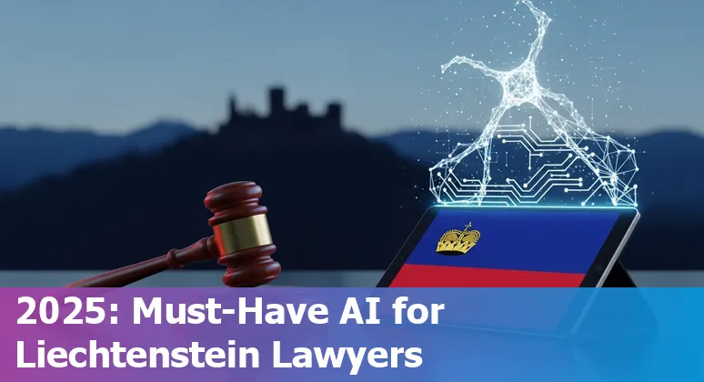 Lawyers in Liechtenstein using AI tools on laptops with legal documents and the Liechtenstein flag nearby.