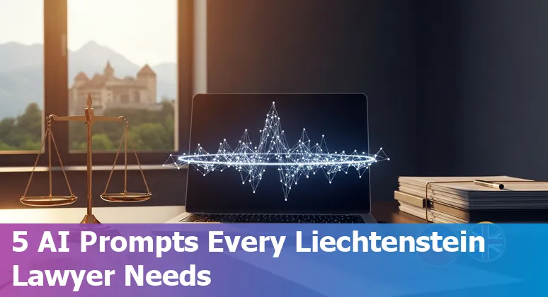 Liechtenstein lawyer using AI prompts on a laptop with legal documents and a flag, illustrating AI-assisted legal drafting.