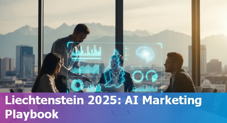 Marketing team using AI tools in Liechtenstein office with Vaduz skyline - Liechtenstein image