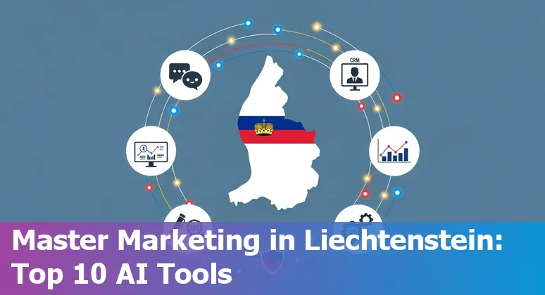 Icons of AI marketing tools with the Liechtenstein flag — ChatGPT, Jasper, HubSpot, Salesforce, Hootsuite, Google Analytics, Display & Video 360, Semrush, Synthesia, Anyword