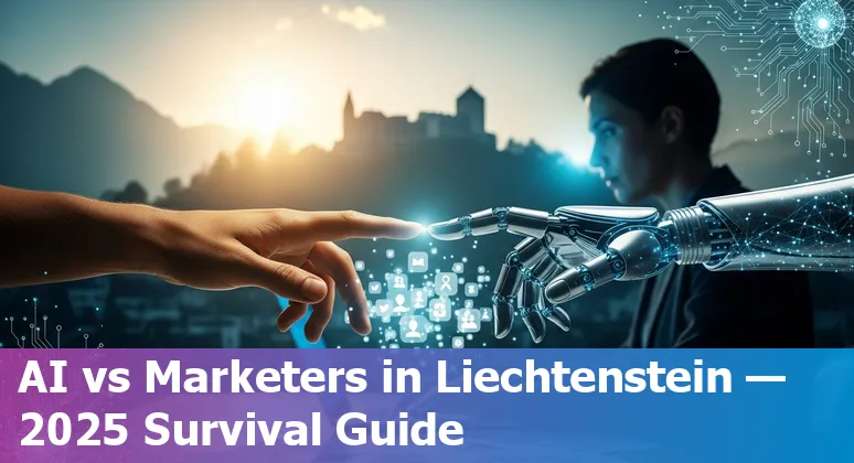 AI and marketing team collaborating in an office in Liechtenstein, showing human-AI tools and local branding in Liechtenstein