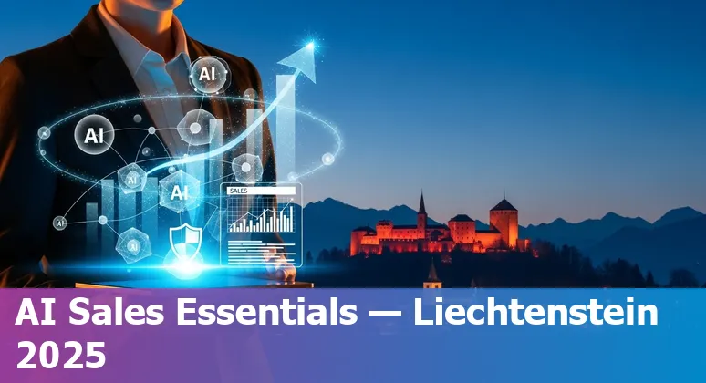 Collage of AI sales tools logos (lemlist, HubSpot Breeze, Salesforce, Gong, Meetgeek, Clay, Humantic, Amplemarket, Lavender, Trumpet) on Liechtenstein map background