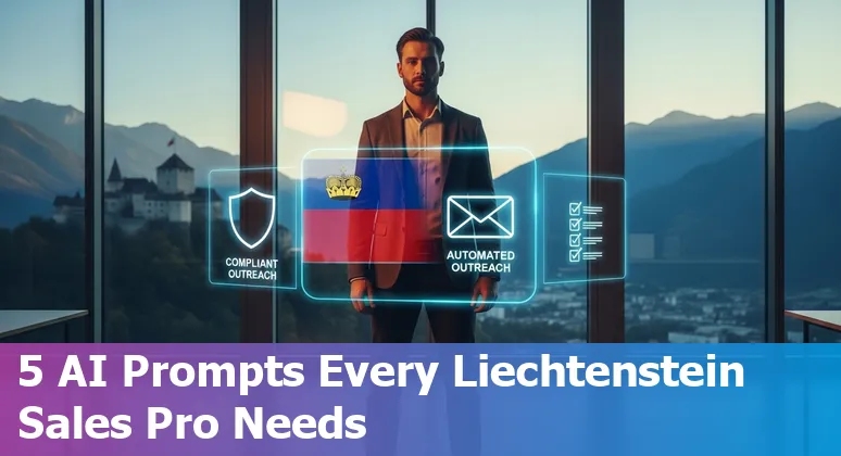 Sales professional using AI prompts on a laptop with Liechtenstein flag and compliance icons