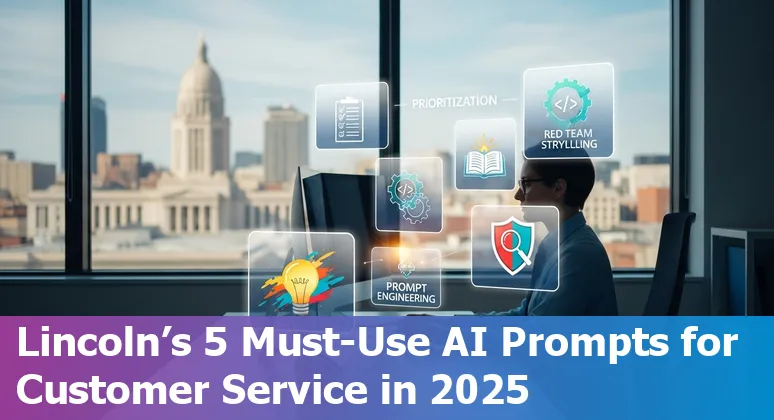 Customer service agent in Lincoln, Nebraska using AI prompts on a laptop with Lincoln skyline in background