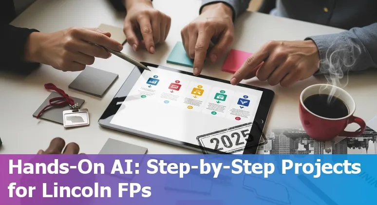 Finance professional using AI dashboard in Lincoln, Nebraska skyline background