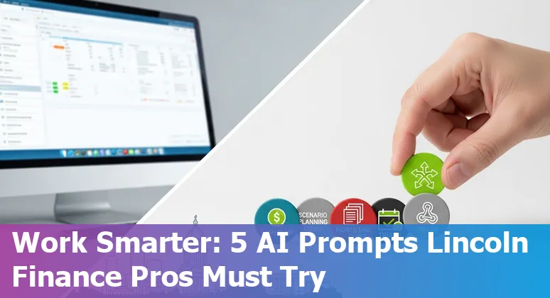 Finance professional in Lincoln, Nebraska using AI prompts for cash flow, scenario planning, board deck and close checklist on a laptop