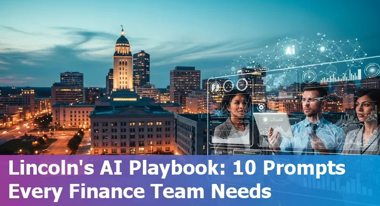 Illustration of AI in financial services: chatbots, fraud detection, credit scoring icons over Lincoln, Nebraska skyline.