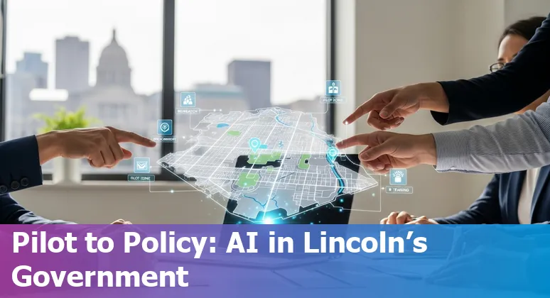 Lincoln Nebraska city hall with AI digital overlay, guide to AI in Lincoln, Nebraska government in 2025