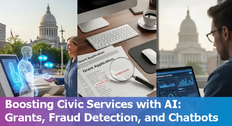 City of Lincoln skyline with icons for AI chatbots, grants, emergency response, traffic signals, and data documents.