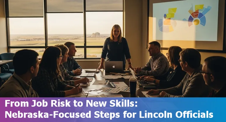 Lincoln city hall worker using a laptop with AI and career training icons overlay
