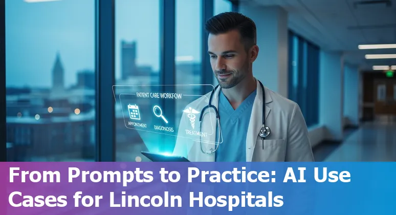 Healthcare AI in Lincoln Nebraska—doctors, robot delivery, chatbots, and hospital imaging with Lincoln skyline in background