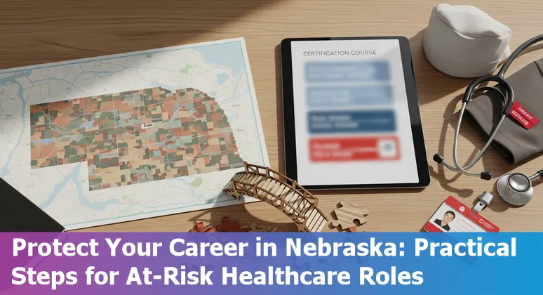 Healthcare worker using tablet with AI icons overlaid and Lincoln, Nebraska skyline in background