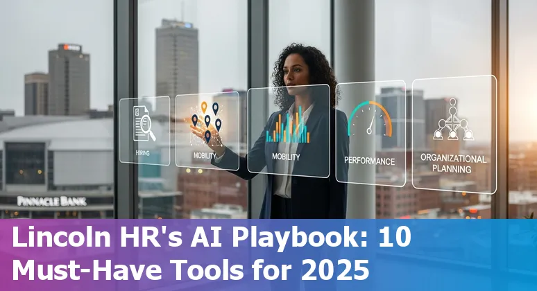 HR professional reviewing AI HR tools list on a laptop with Lincoln, Nebraska skyline in the background