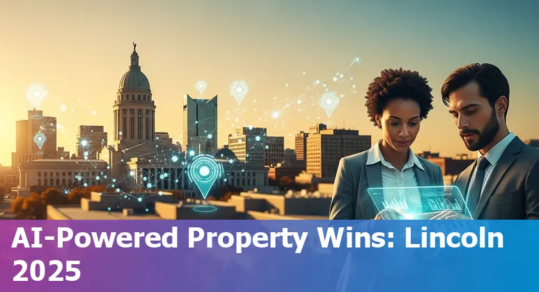 Aerial view of Lincoln, Nebraska skyline with AI and real estate icons overlay showing smart buildings and data analytics.