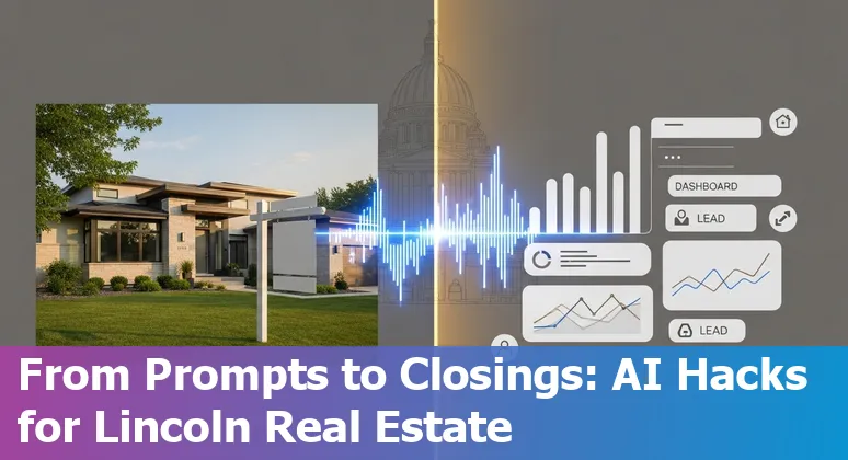 Real estate agent using AI tools on a laptop with Lincoln, Nebraska skyline in the background