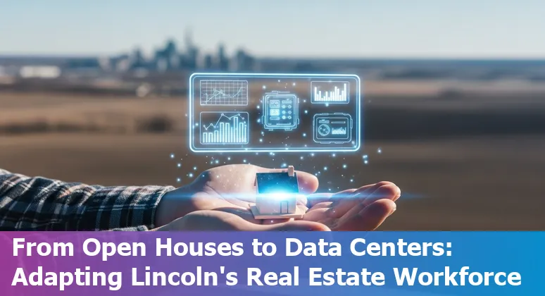Real estate agent reviewing AI tools with a Lincoln, Nebraska skyline and data center construction in the background