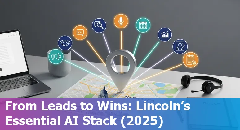 Sales professional using AI tools like Gong and ChatGPT on laptop with Lincoln, Nebraska skyline in background.