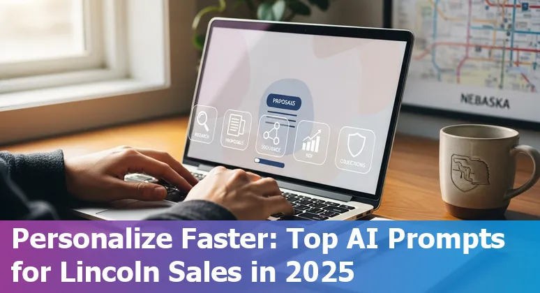 Sales professional in Lincoln using AI prompts on a laptop to craft outreach and proposals.