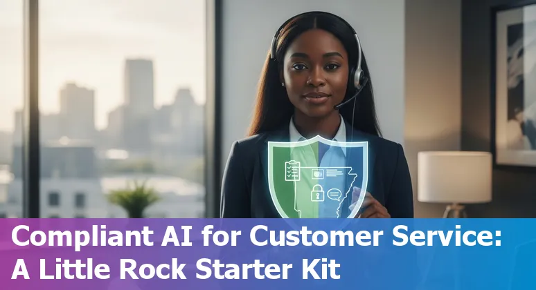 Customer service professional using AI chatbot on laptop in Little Rock, Arkansas skyline background