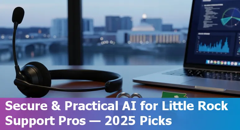 Customer service agent using AI tools on laptop with Little Rock skyline in background