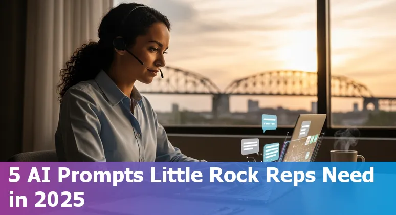 Customer service agent in Little Rock using AI prompts on a laptop with River Market in background