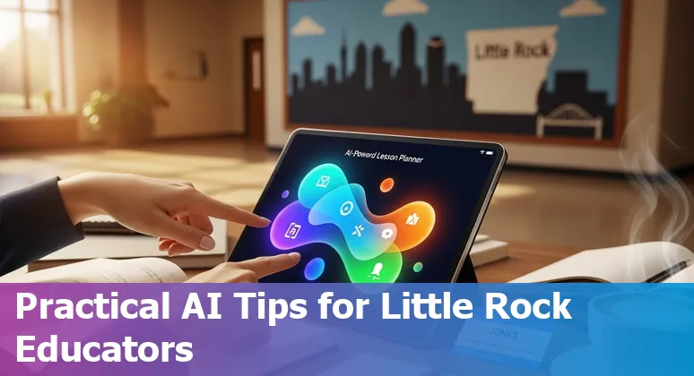 Educators in Little Rock, Arkansas using AI tools in a classroom setting with UA Little Rock materials and Solution Tree workshop signage.