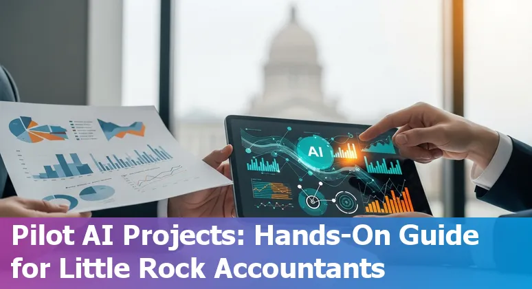 Finance professional using AI tools in Little Rock, Arkansas skyline background, 2025
