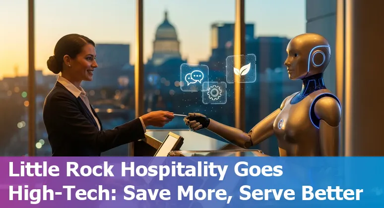 Hotel front desk with AI kiosk and Little Rock, Arkansas skyline visible — AI helping hospitality cut costs and improve efficiency in Little Rock, Arkansas