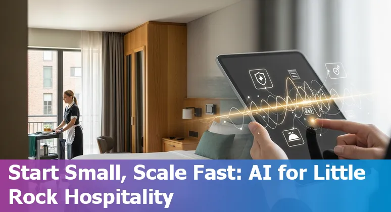 Hotel concierge tablet showing AI prompts with Little Rock skyline in background