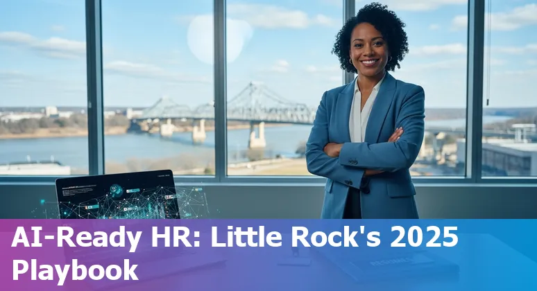 HR professional using AI tools on laptop in Little Rock, Arkansas skyline background
