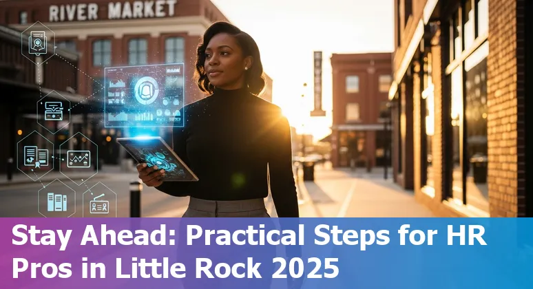 HR professional and AI icons over Little Rock skyline, Arkansas - Will AI replace HR jobs in Little Rock, Arkansas in 2025?