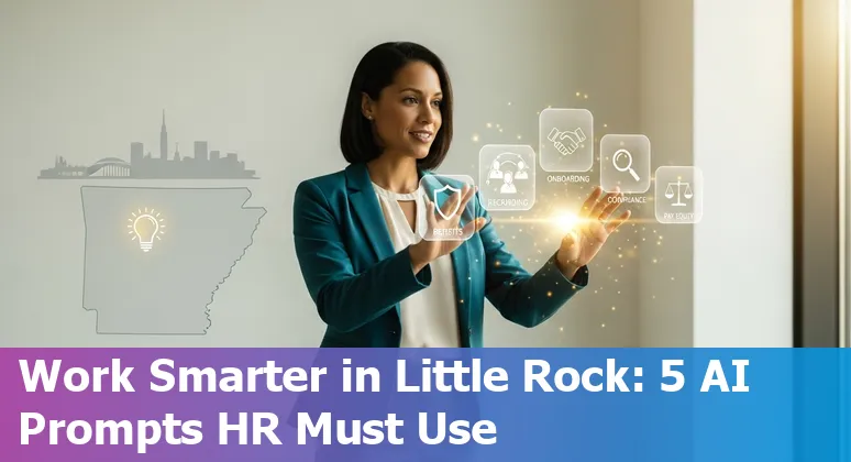 HR professional in Little Rock using AI prompts on a laptop with Arkansas skyline in background.