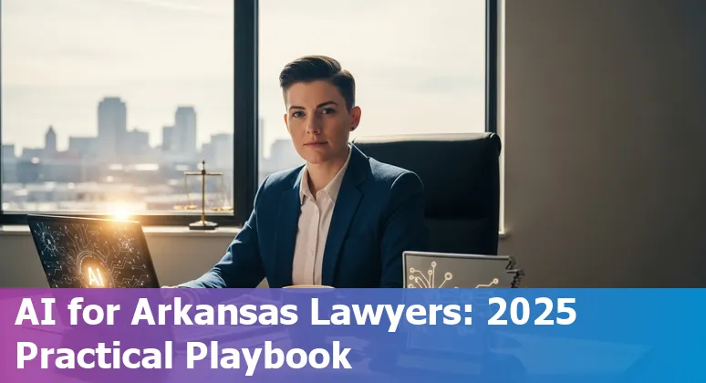 Little Rock, Arkansas lawyer using AI tools on a laptop with the Arkansas State Capitol visible in the background