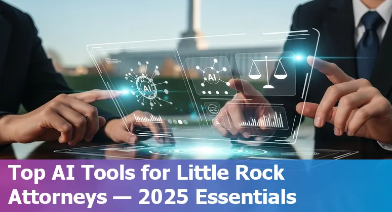 Collage of AI legal tools logos arranged around courthouse silhouette representing Little Rock attorneys using AI in 2025.