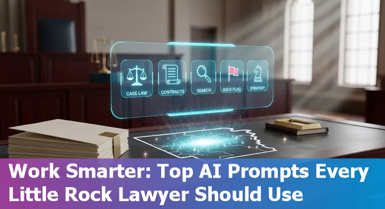 Little Rock lawyer using AI prompts on laptop, Arkansas skyline in background