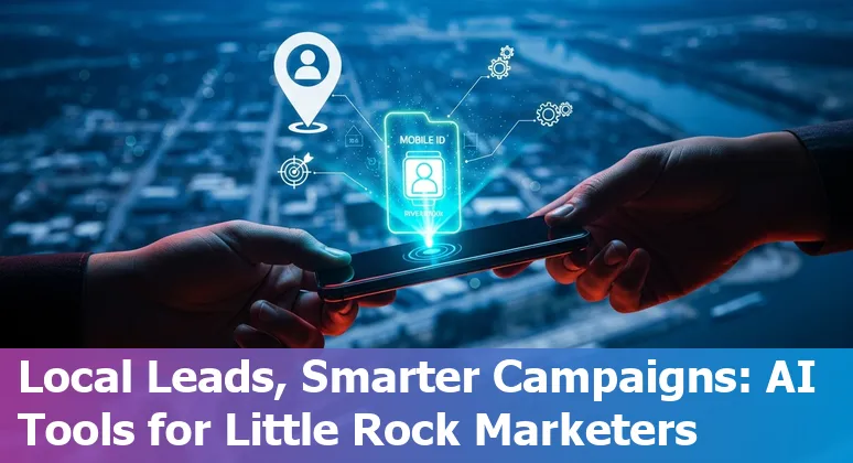 Little Rock marketer using AI tools on laptop with Arkansas skyline and digital ID icons.